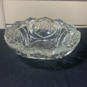Vintage KIG INDONESIA chunky clear cut glass ashtray heavy roses barware 8”